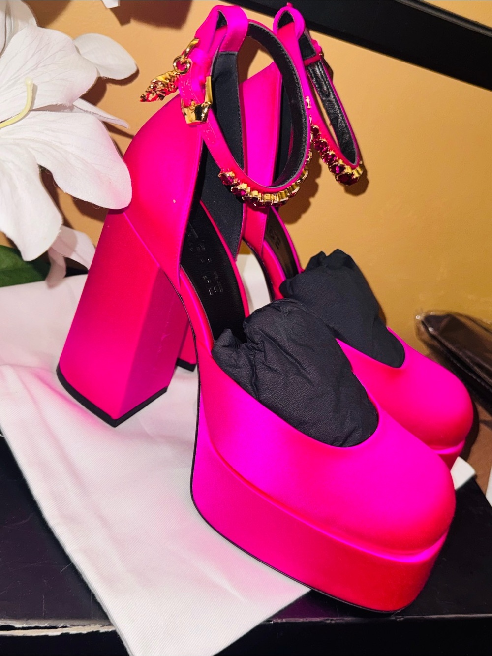 Versace Hot Pink Platform Mary Jane Heels with Gold Chain Ankle Strap